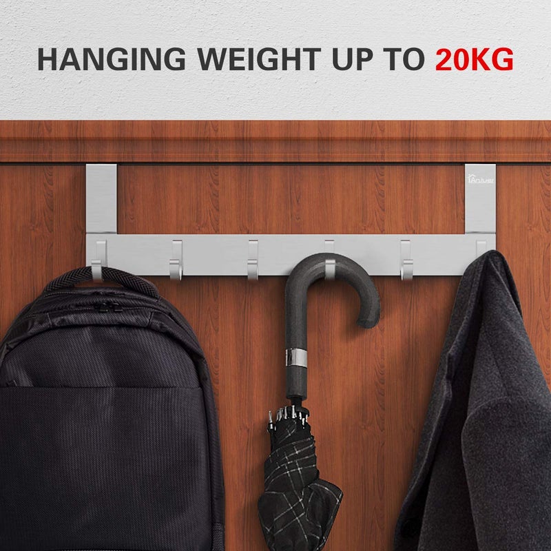 Anjuer Door Hooks Hanger Rack, Aluminum Utility Organizer Holder for Kithchen Bathroom, 6 Hooks Over The Door Hanger Silver - Image 4